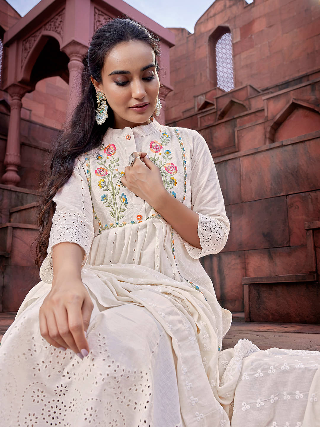 Royal Export Pack of 1 Cotton Embroidered Flared Women's Kurti with Dupatta - ( Beige ) Royal Export Pack of 1 Cotton Embroidered Flared Women's Kurti with Dupatta - ( Beige )