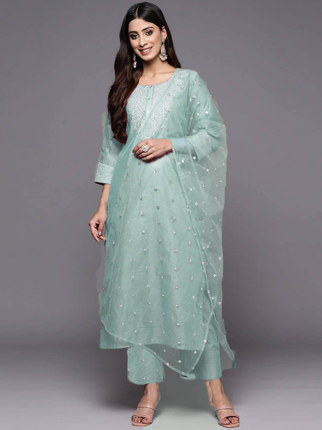     			Royal Export Pack of 1 Chanderi Embellished Straight Women's Kurti with Dupatta - ( Light Blue )