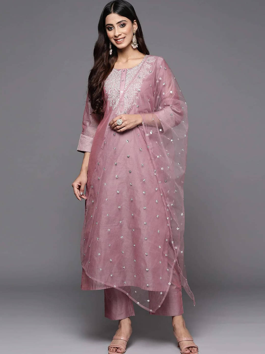Royal Export Pack of 1 Chanderi Embellished Straight Women's Kurti with Dupatta - ( Pink ) Royal Export Pack of 1 Chanderi Embellished Straight Women's Kurti with Dupatta - ( Pink )