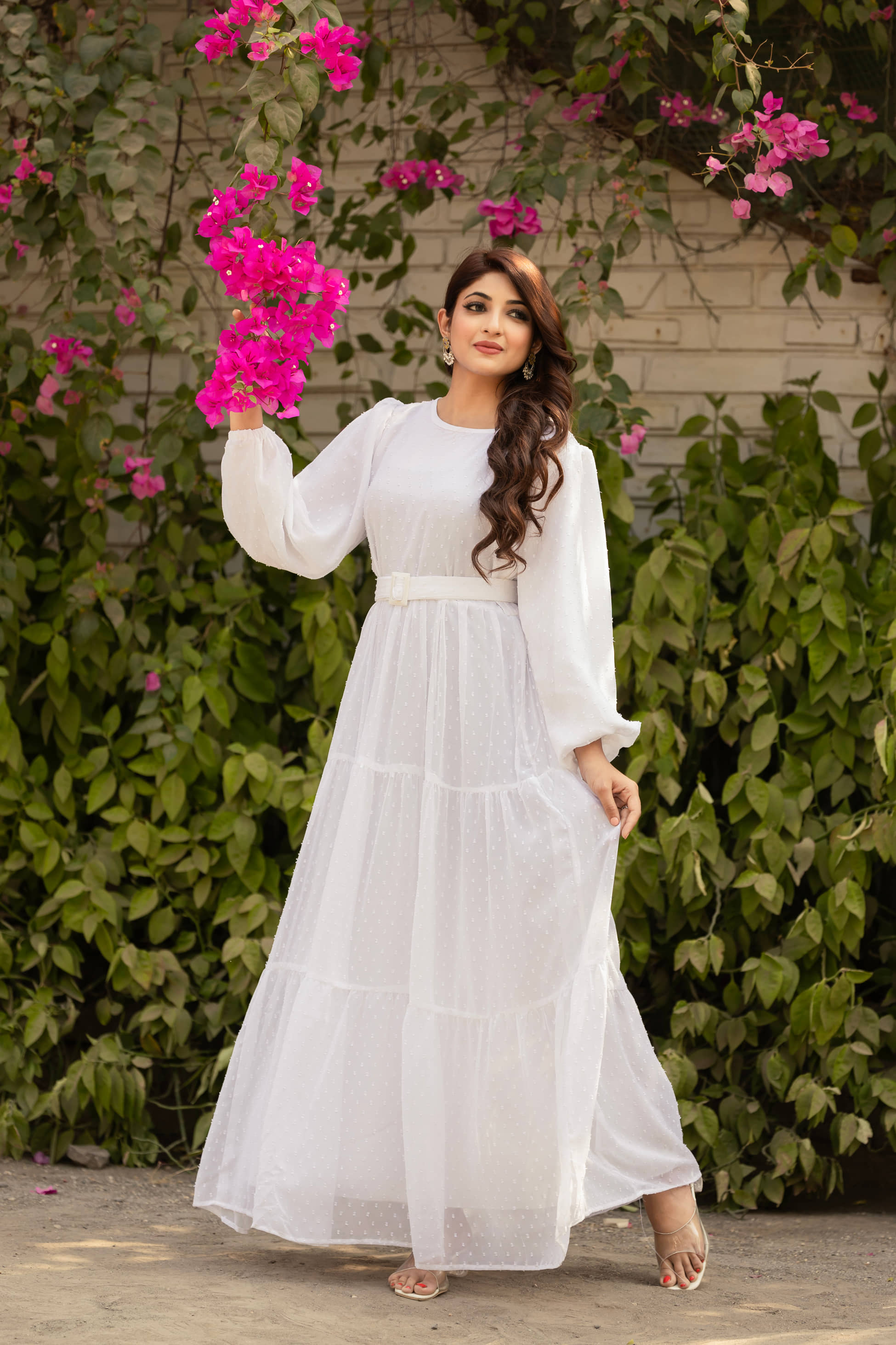 SARINKU White Anarkali Georgette Women's Stitched Ethnic Gown ( Pack of 1 )
