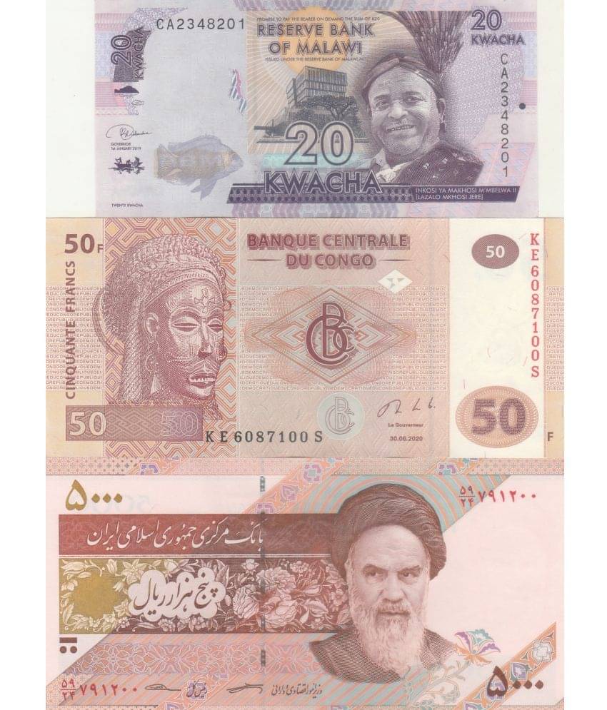     			20 -KWACHA,50 CONGO,5 K RIALS 3 Numismatic notes in top grade