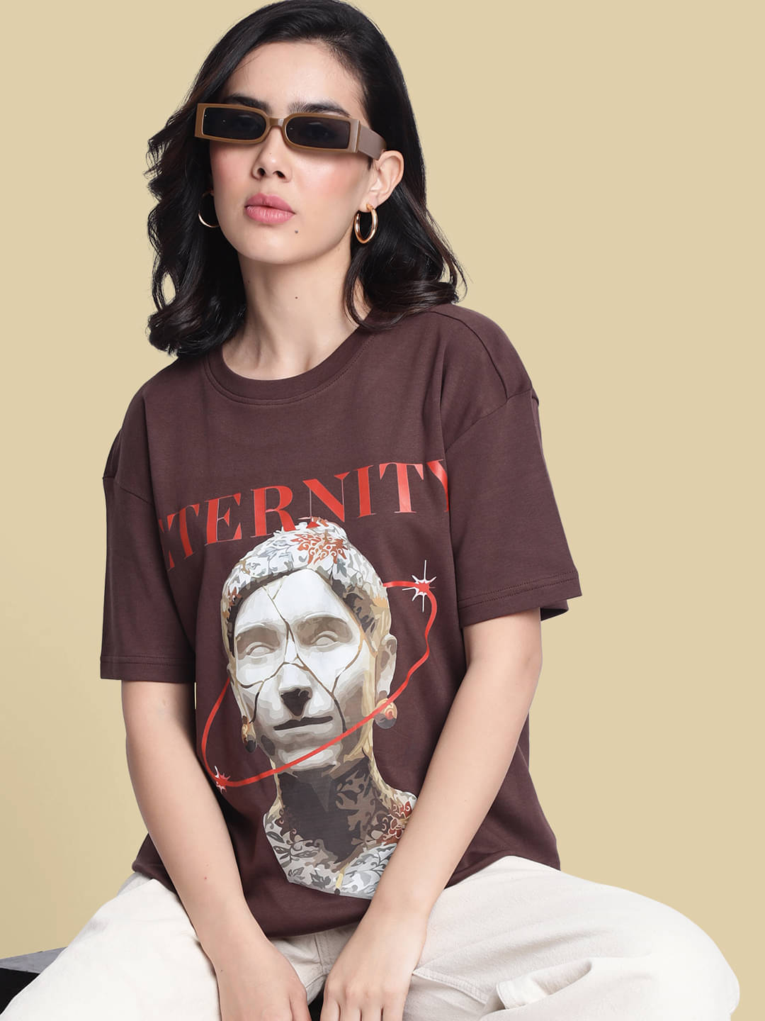     			Bene Kleed Women Cotton Printed Oversized Fit Round Neck T-Shirt ( Brown )