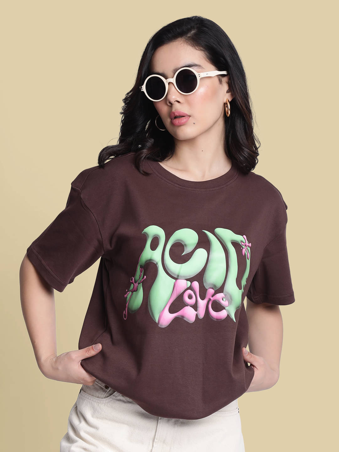 Bene Kleed Women Cotton Printed Oversized Fit Round Neck T-Shirt ( Brown ) Bene Kleed Women Cotton Printed Oversized Fit Round Neck T-Shirt ( Brown )