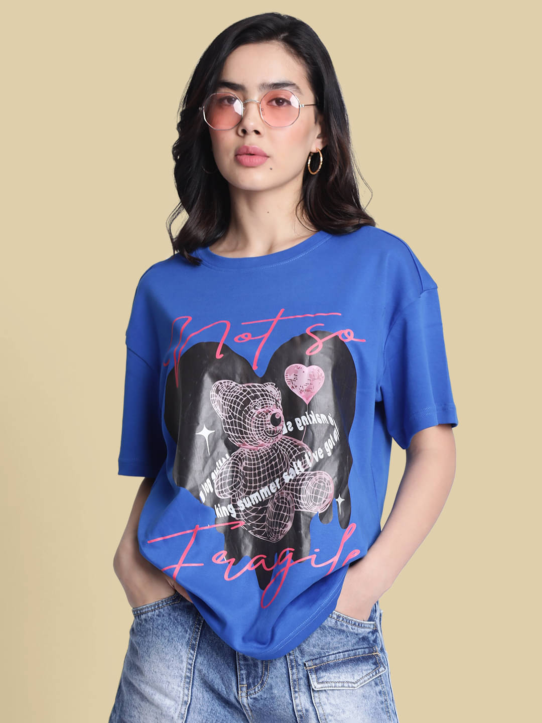     			Bene Kleed Women Cotton Printed Oversized Fit Round Neck T-Shirt ( Blue )