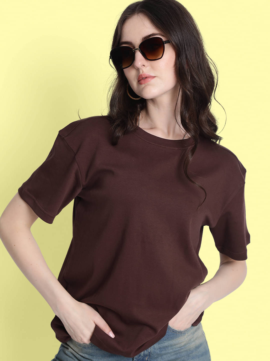 Bene Kleed Women Cotton Solid Oversized Fit Round Neck T-Shirt ( Brown ) Bene Kleed Women Cotton Solid Oversized Fit Round Neck T-Shirt ( Brown )