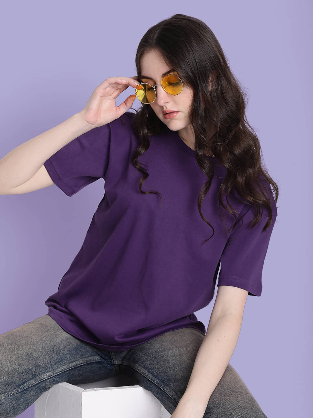 Bene Kleed Women Cotton Solid Oversized Fit Round Neck T-Shirt ( Purple )     			Bene Kleed Women Cotton Solid Oversized Fit Round Neck T-Shirt ( Purple )