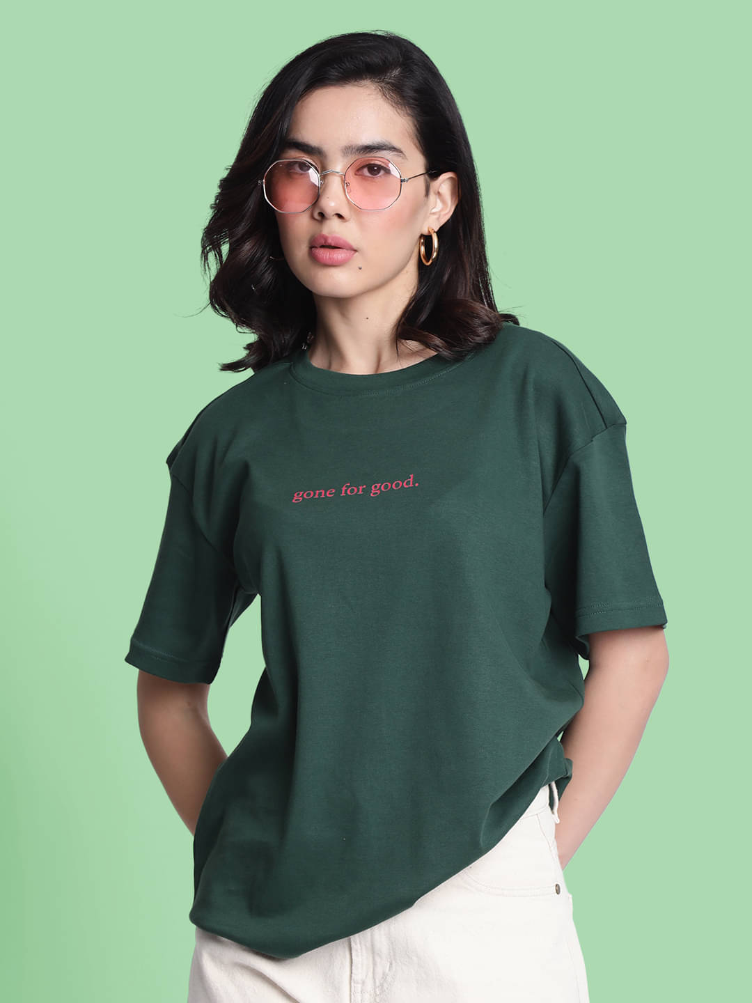 Bene Kleed Women Cotton Printed Oversized Fit Round Neck T-Shirt ( Green ) Bene Kleed Women Cotton Printed Oversized Fit Round Neck T-Shirt ( Green )