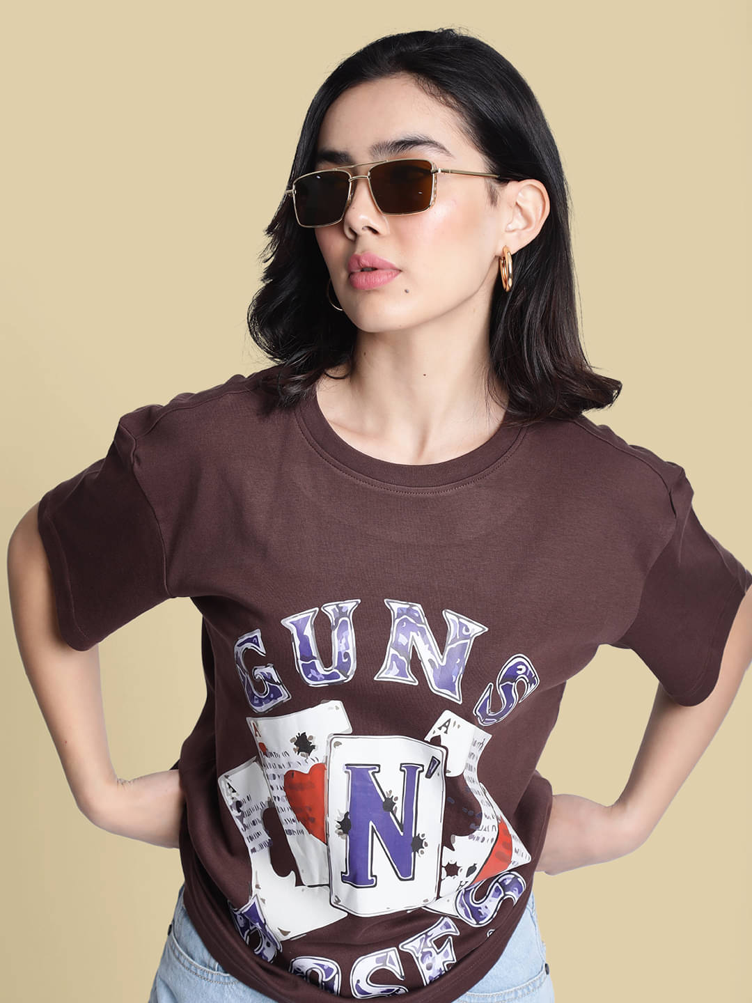 Bene Kleed Women Cotton Printed Oversized Fit Round Neck T-Shirt ( Brown ) Bene Kleed Women Cotton Printed Oversized Fit Round Neck T-Shirt ( Brown )