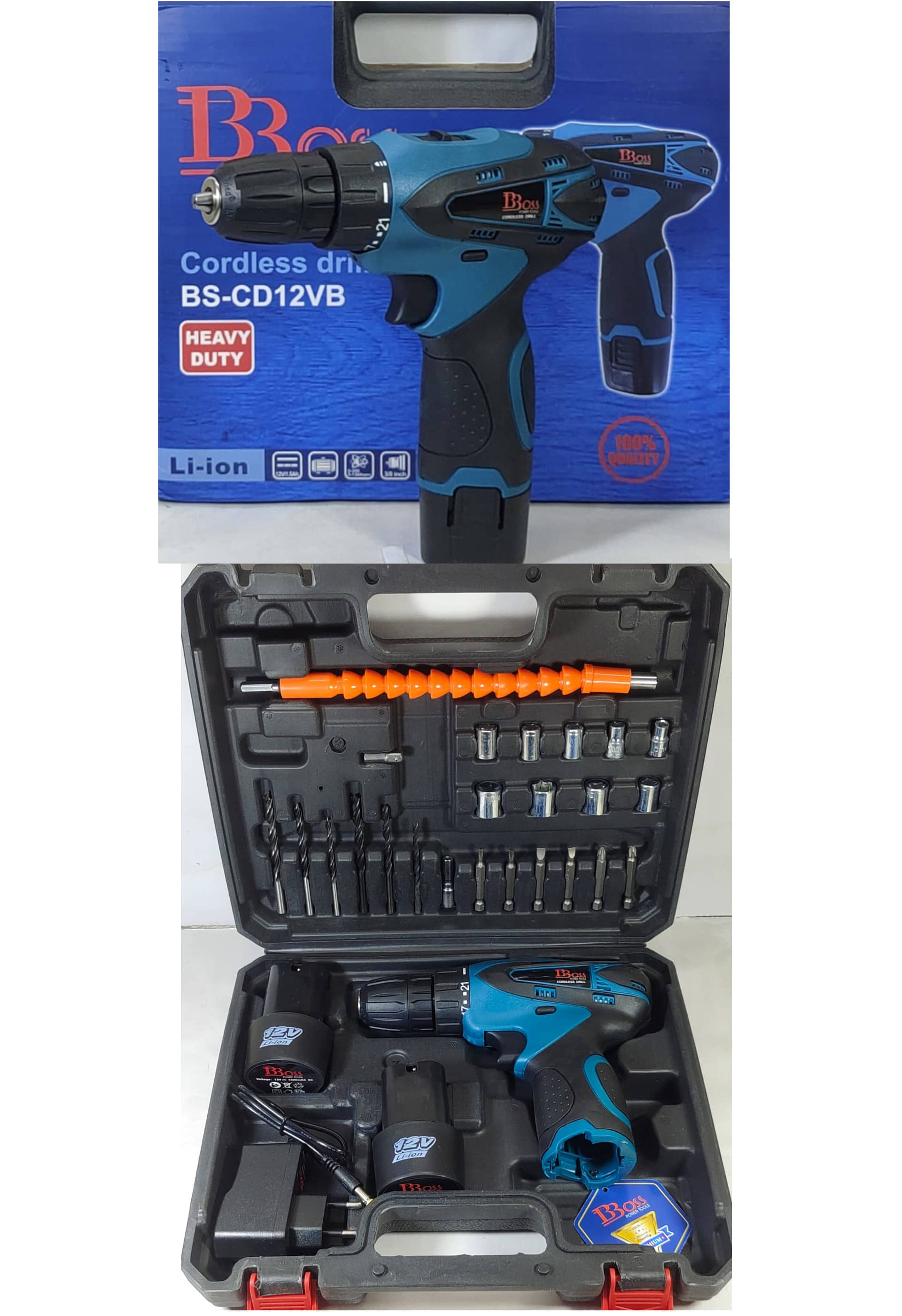 Boss - BS-CD12VB 550W 10mm Cordless Drill Machine with Bits