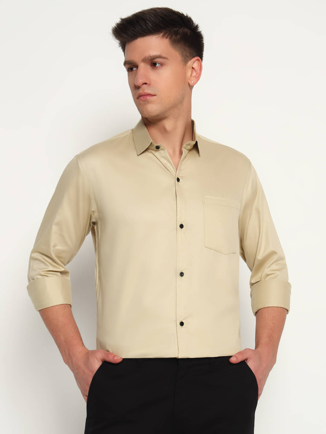 Buscott Cotton Blend Slim Fit Solids Full Sleeves Men's Casual Shirt - Beige ( Pack of 1 ) Buscott Cotton Blend Slim Fit Solids Full Sleeves Men's Casual Shirt - Beige ( Pack of 1 )