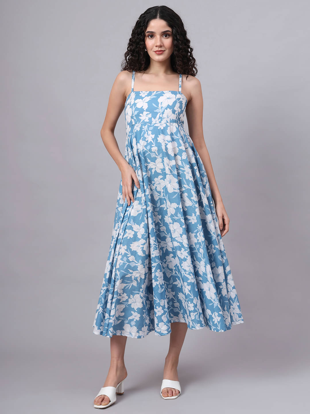 Divena Women Cotton Printed Fit & Flare Dress ( Blue ) Divena Women Cotton Printed Fit & Flare Dress ( Blue )