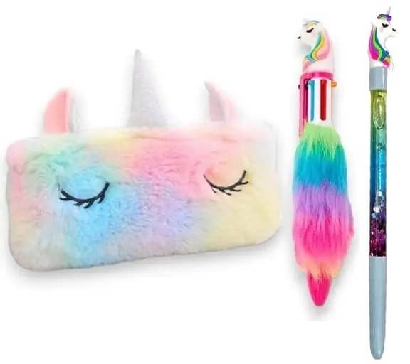 ECLET Unicorn Combo of 3 Plush Pencil Case Unicorn Pencil Bag with Unicorn Glitter Pen and Fur Pen Faux Fur Pencil Pouch Handbag Unicorn Coin Purse Cute for Girls Kids Children Art Canvas Pencil Box  (Set of 3, Multicolor)