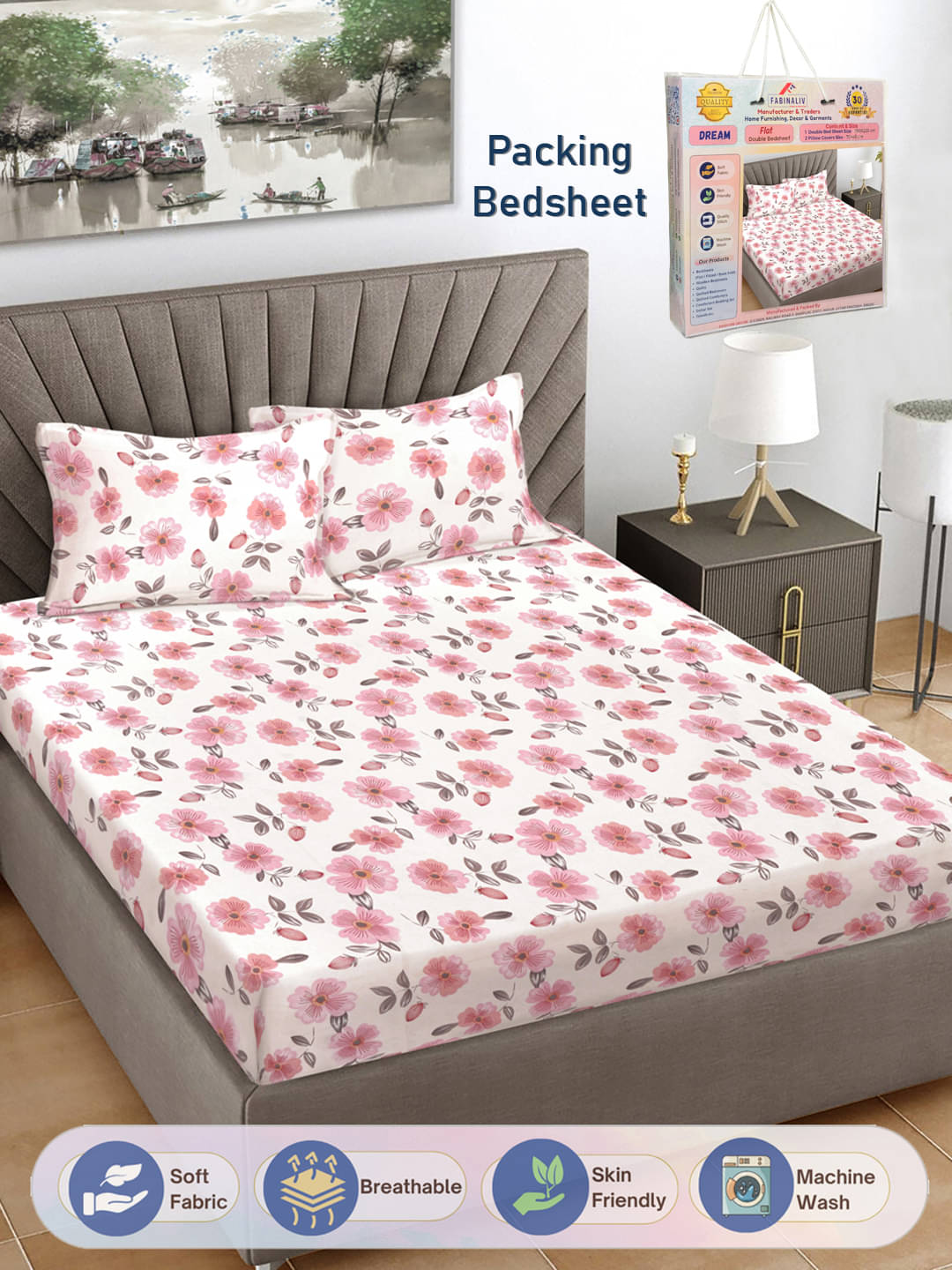     			FABINALIV Poly Cotton 1 Double Bedsheet with 2 Pillow Covers ( Baby Pink )