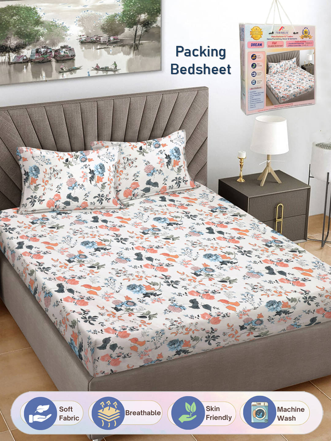     			FABINALIV Poly Cotton 1 Double Bedsheet with 2 Pillow Covers ( Multicolor )