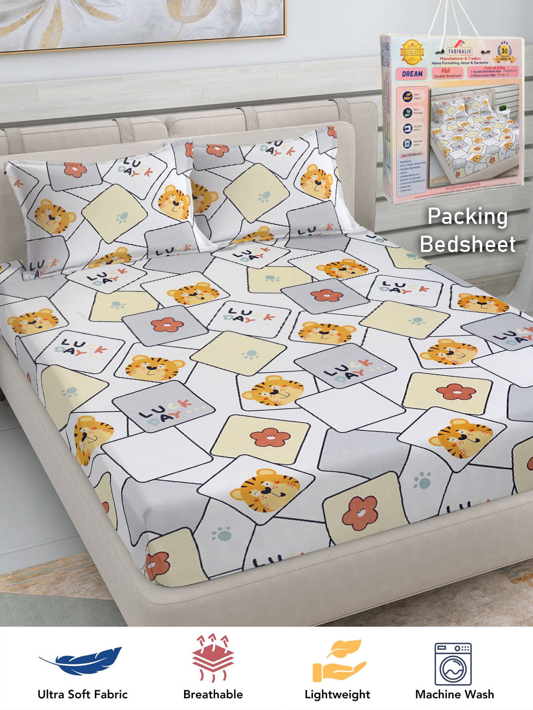     			FABINALIV Poly Cotton 1 Double Bedsheet with 2 Pillow Covers ( Multicolor )