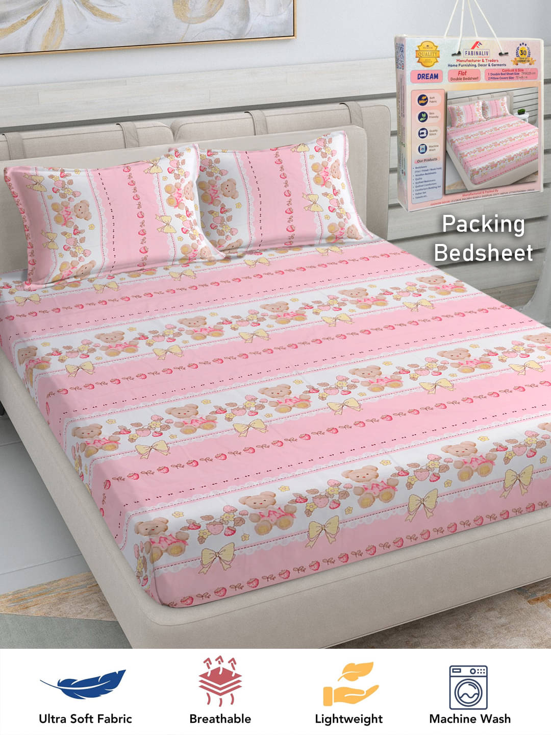 FABINALIV Poly Cotton 1 Double Bedsheet with 2 Pillow Covers ( Pink ) FABINALIV Poly Cotton 1 Double Bedsheet with 2 Pillow Covers ( Pink )