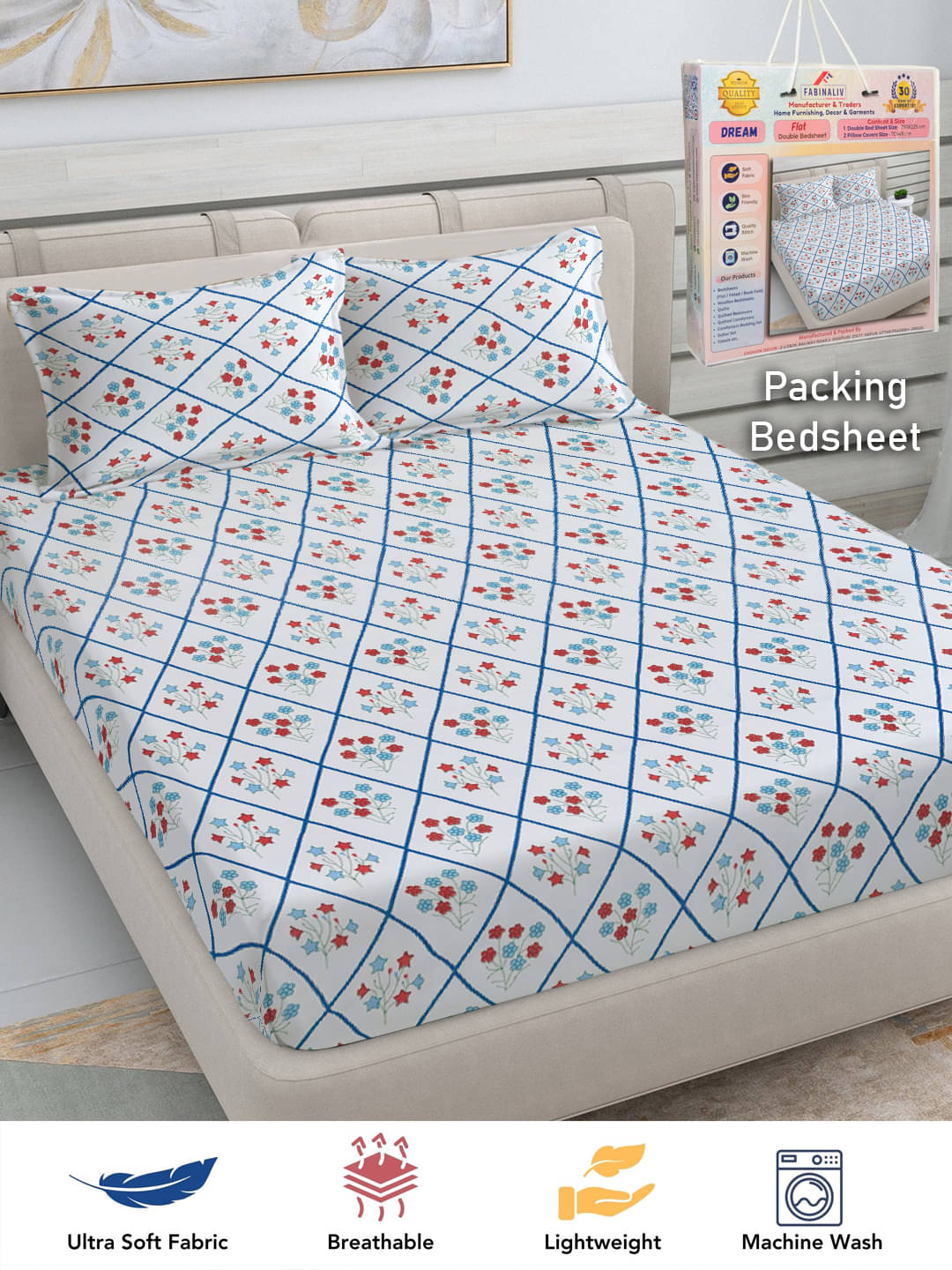     			FABINALIV Poly Cotton 1 Double Bedsheet with 2 Pillow Covers ( White )