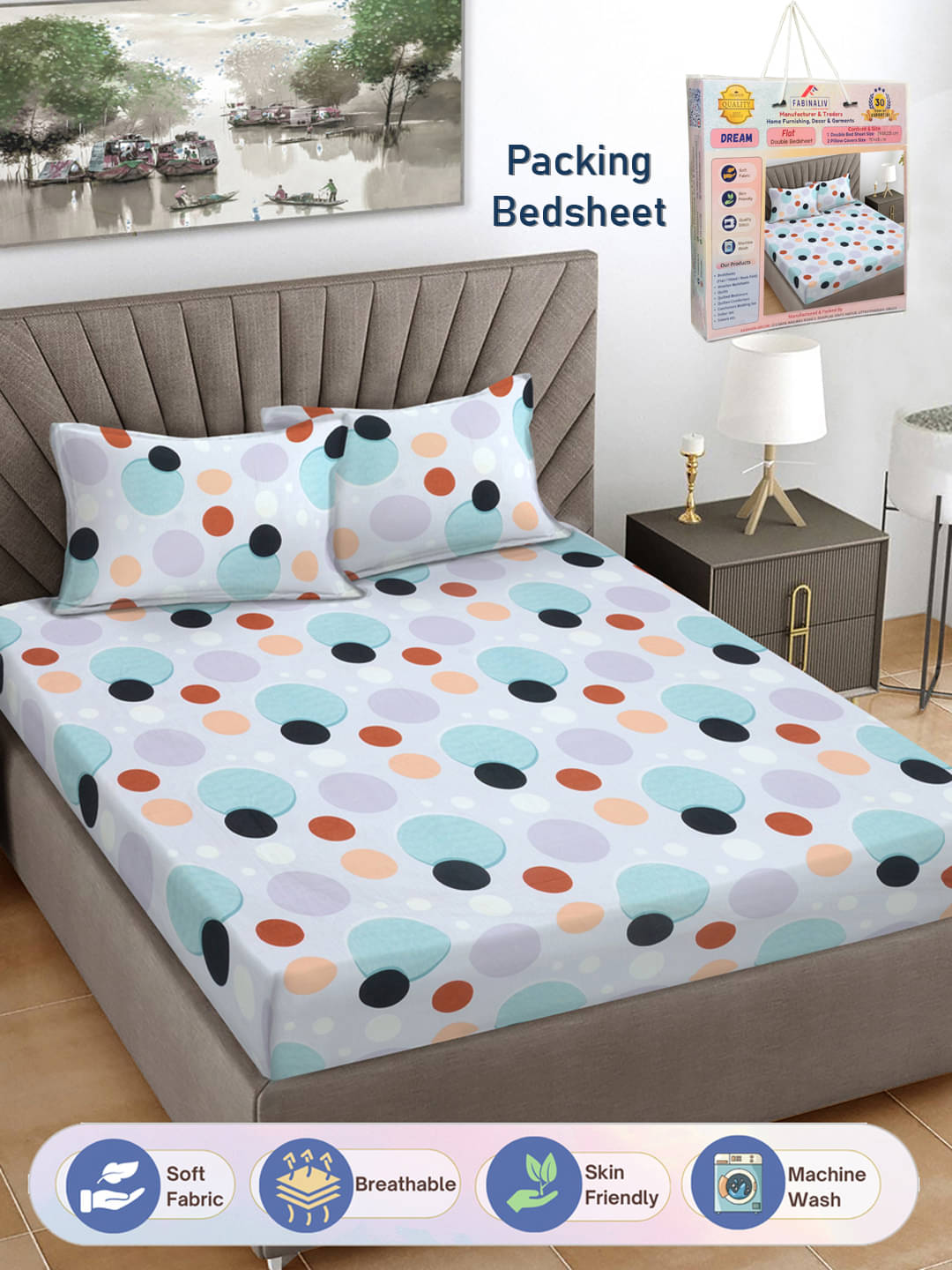 FABINALIV Poly Cotton 1 Double Bedsheet with 2 Pillow Covers ( Multicolor ) FABINALIV Poly Cotton 1 Double Bedsheet with 2 Pillow Covers ( Multicolor )