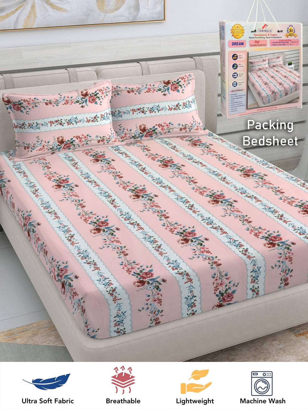 FABINALIV Poly Cotton 1 Double Bedsheet with 2 Pillow Covers ( Pink )     			FABINALIV Poly Cotton 1 Double Bedsheet with 2 Pillow Covers ( Pink )