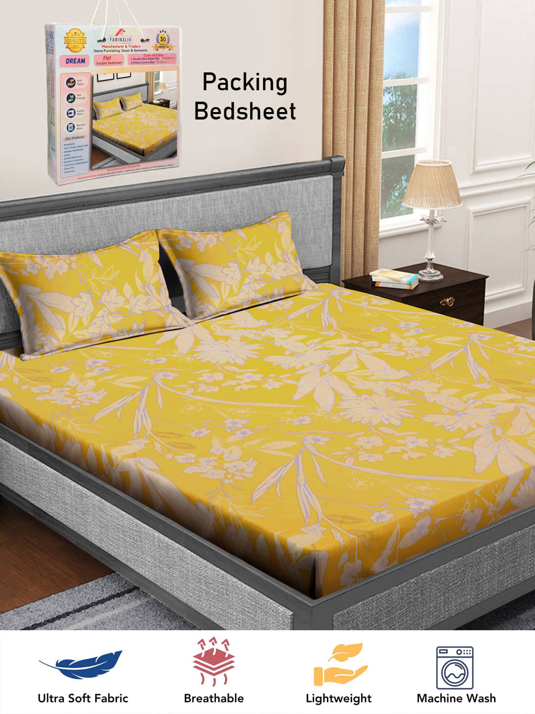     			FABINALIV Poly Cotton 1 Double Bedsheet with 2 Pillow Covers ( Yellow )
