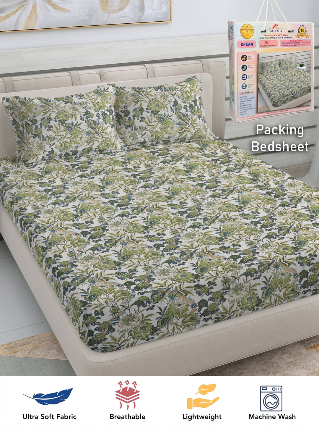 FABINALIV Poly Cotton 1 Double Bedsheet with 2 Pillow Covers ( Green ) FABINALIV Poly Cotton 1 Double Bedsheet with 2 Pillow Covers ( Green )
