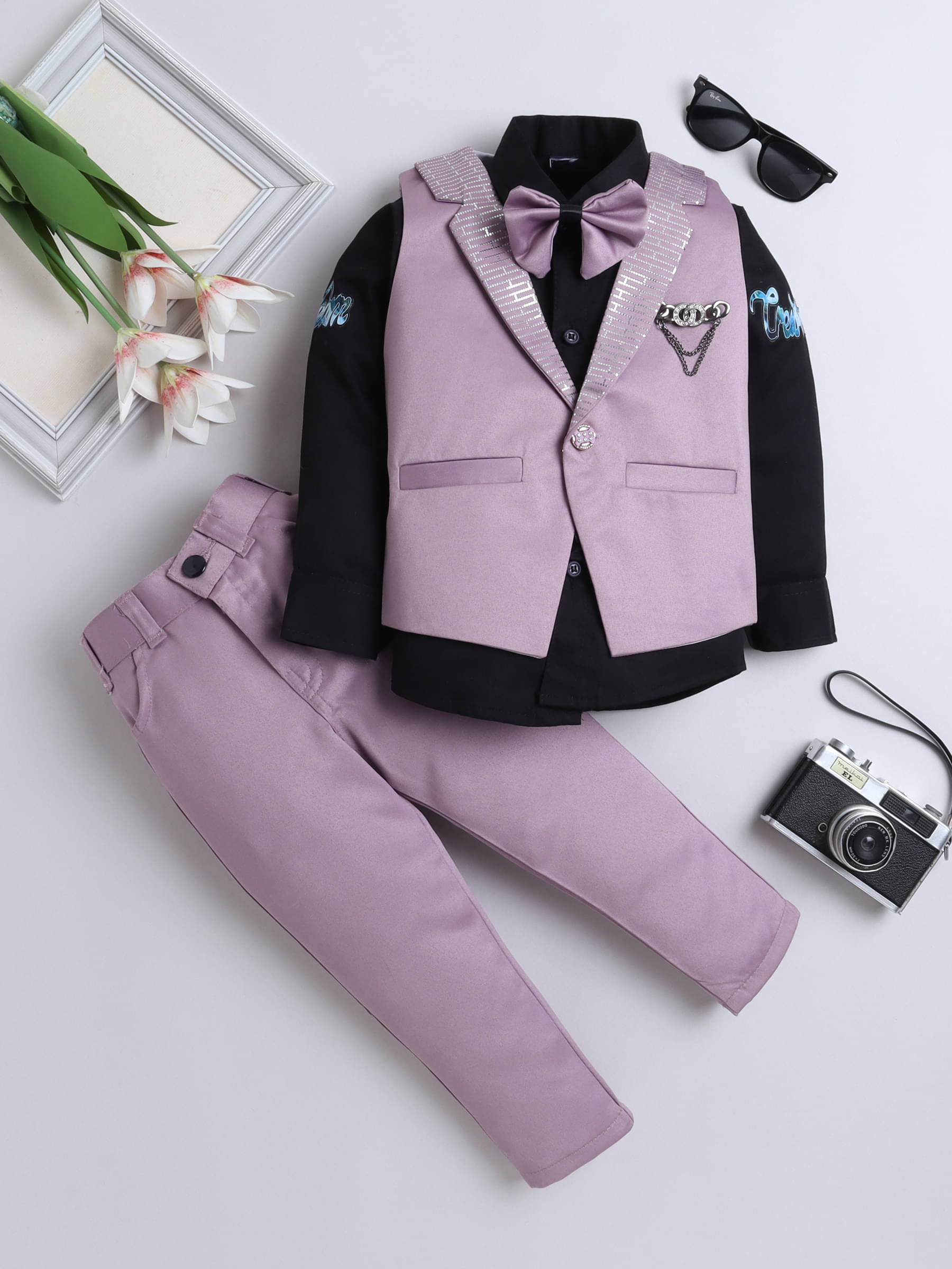     			Fourfolds Pack of 1 Boys Cotton Blend Shirt & Pants Set ( Purple )
