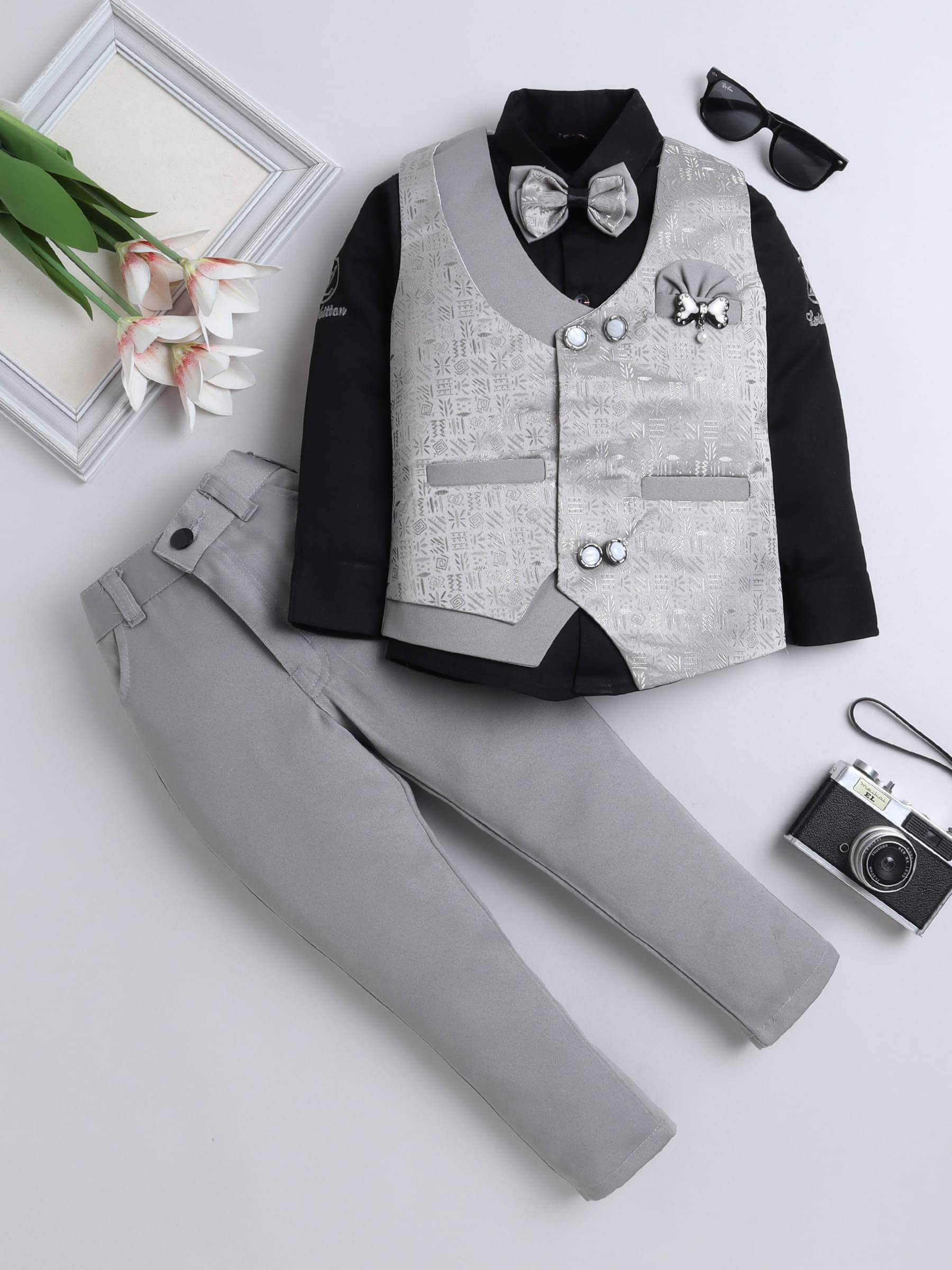     			Fourfolds Pack of 1 Boys Cotton Blend Shirt & Pants Set ( Grey )