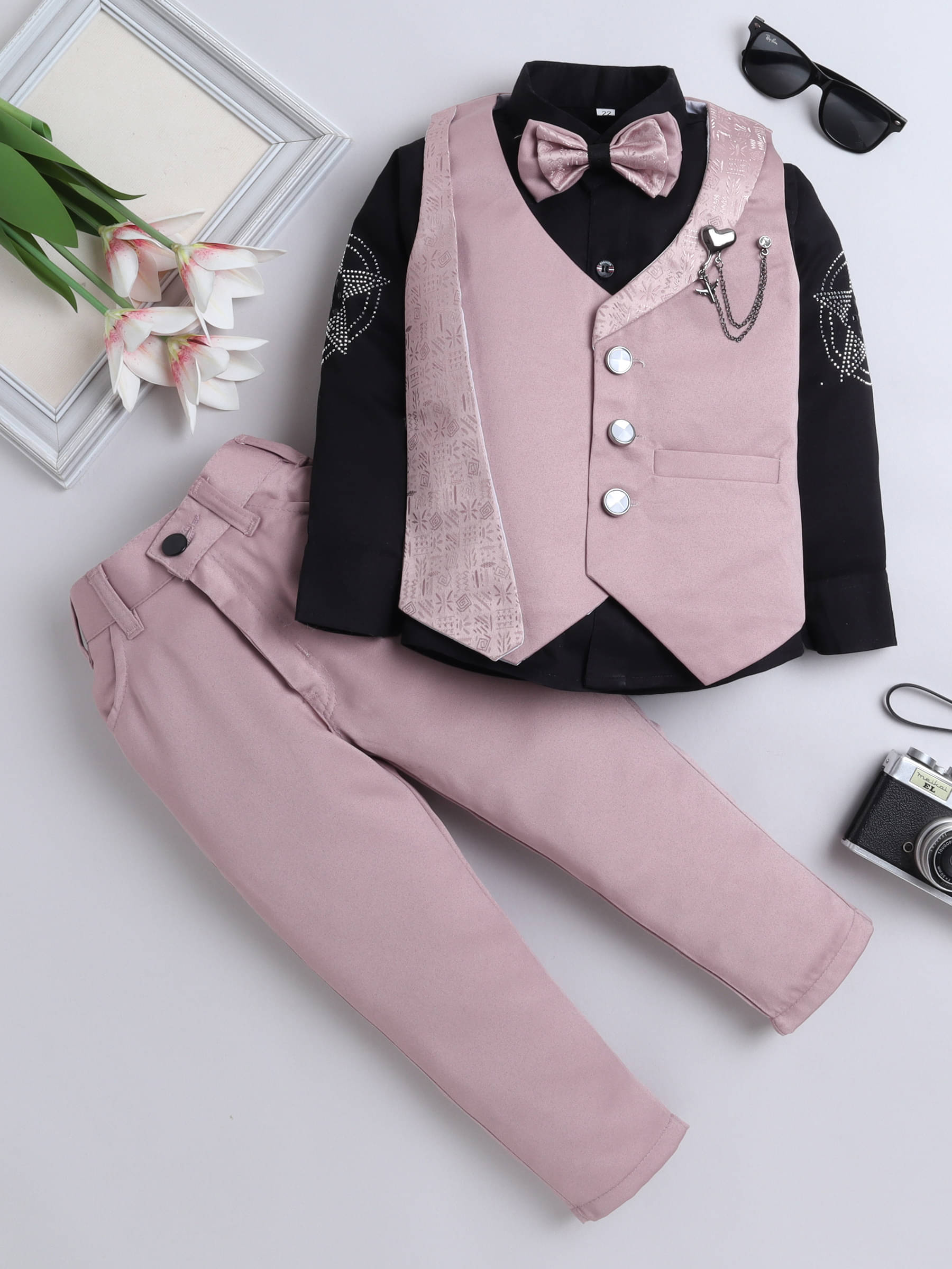     			Fourfolds Pack of 1 Boys Cotton Blend Shirt & Pants Set ( Pink )