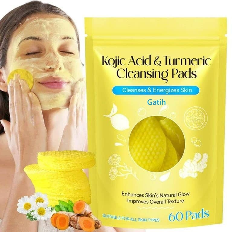 Gatih Turmeric & Kojic Acid Face Cleansing Pads for Dark Spots, Skin Brightening & Acne Prevention | Vitamin C, Retinol & Chamomile Hydrolat | For Women & Men | All Skin Type | 60 Pieces Pack of 1
