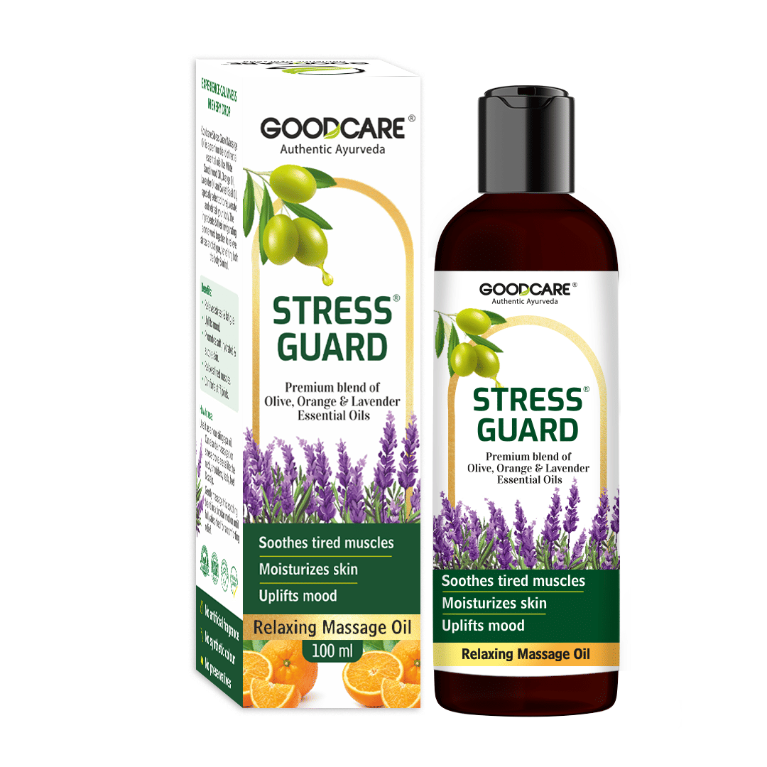     			Goodcare Stress Guard Massage Oil, With Lavender, Tulsi, Olive, Orange Oil, Soothes Muscles, Uplifts Mood, Hydrates Skin Naturally 100ml