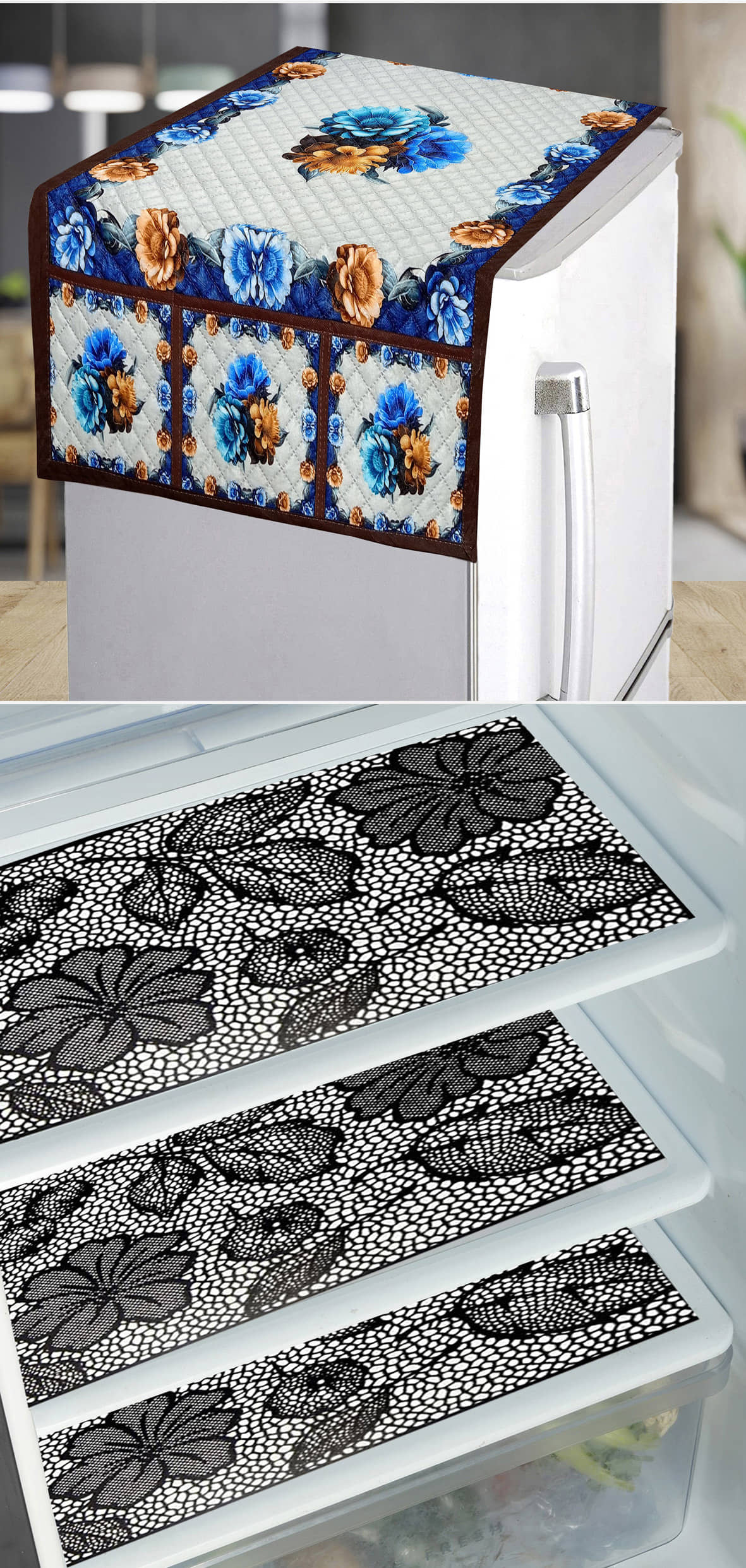 Grisha Cotton Floral Printed Fridge Mat & Cover ( 99 53 ) Pack of 4 - Brown