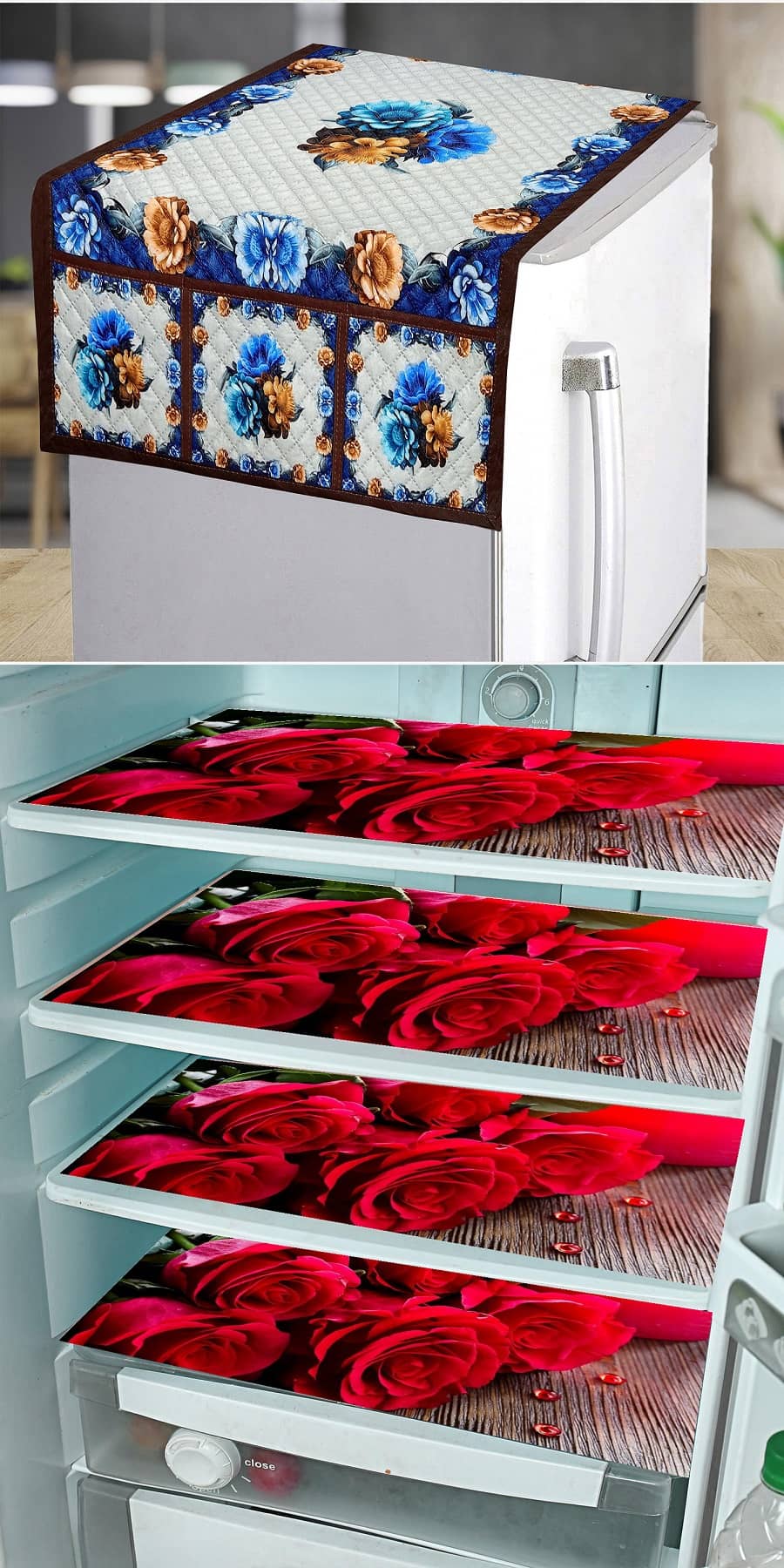 Grisha Cotton Floral Printed Fridge Mat & Cover ( 99 53 ) Pack of 5 - Brown