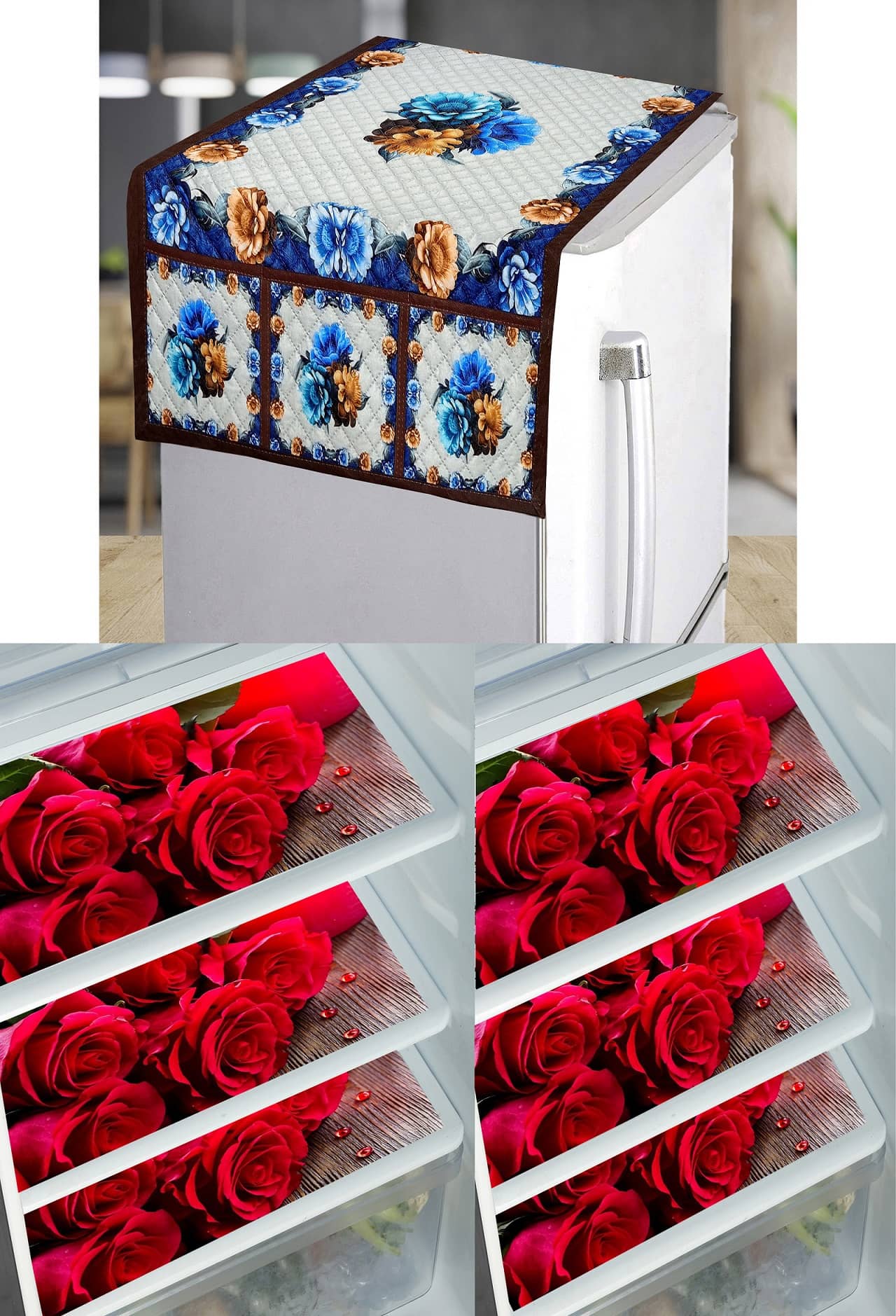 Grisha Cotton Floral Printed Fridge Mat & Cover ( 99 53 ) Pack of 7 - Brown