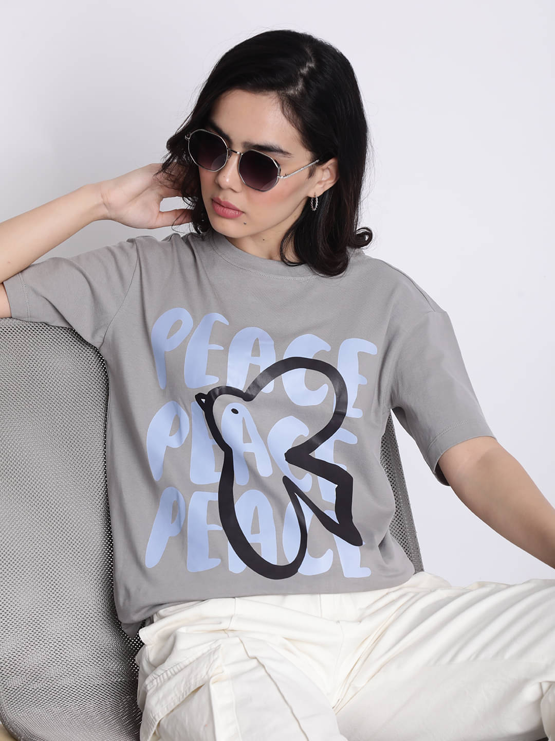     			IVOC Women Cotton Printed Regular Fit Round Neck T-Shirt ( Grey )
