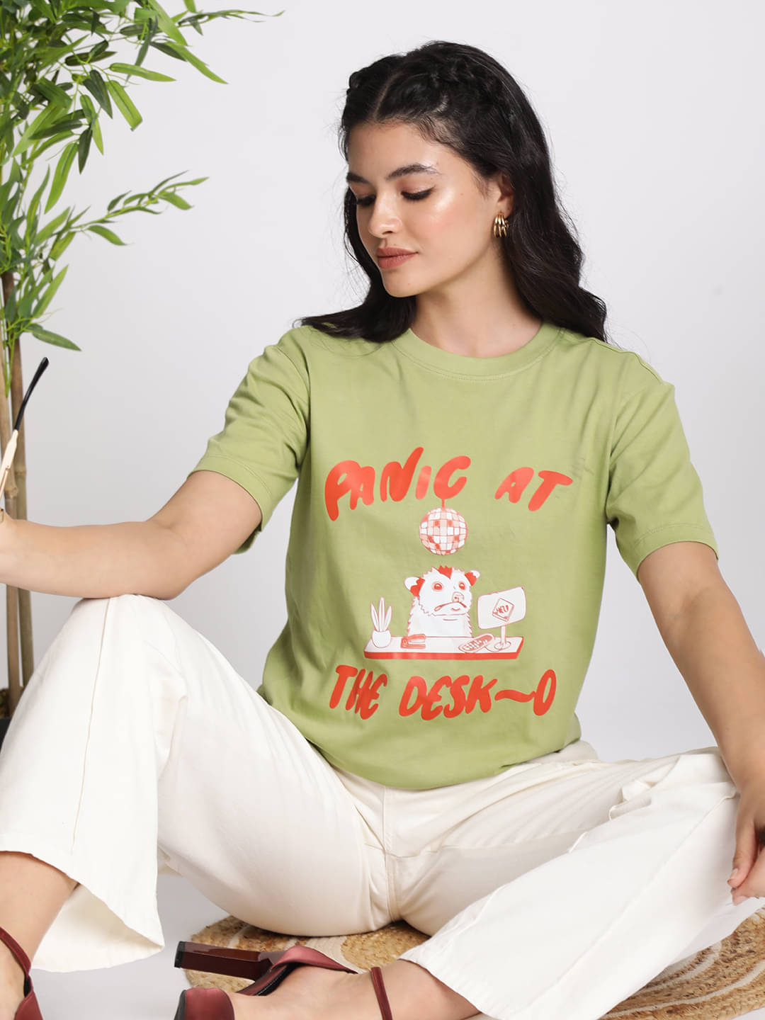     			IVOC Women Cotton Self Design Regular Fit Round Neck T-Shirt ( Green )