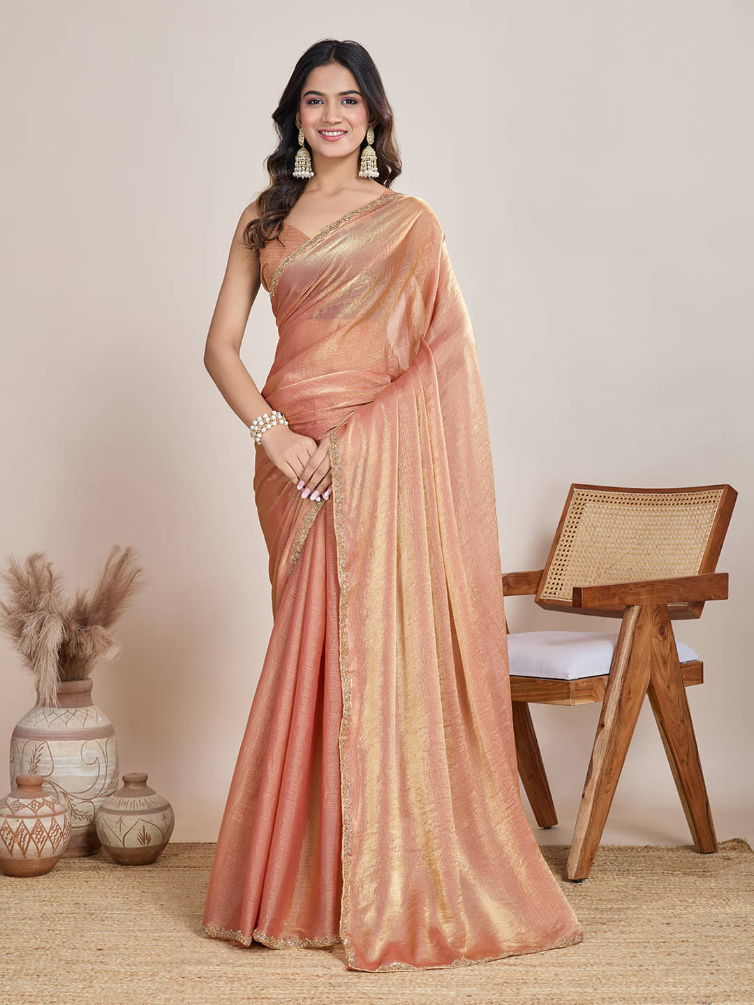 Indy Bliss Tissue Solid Saree With Unstitched Blouse Piece ( Orange ) Indy Bliss Tissue Solid Saree With Unstitched Blouse Piece ( Orange )