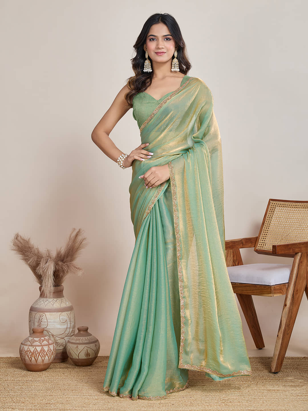 Indy Bliss Tissue Solid Saree With Unstitched Blouse Piece ( Gold ) - Sarees | Buy online on ZillyBuy