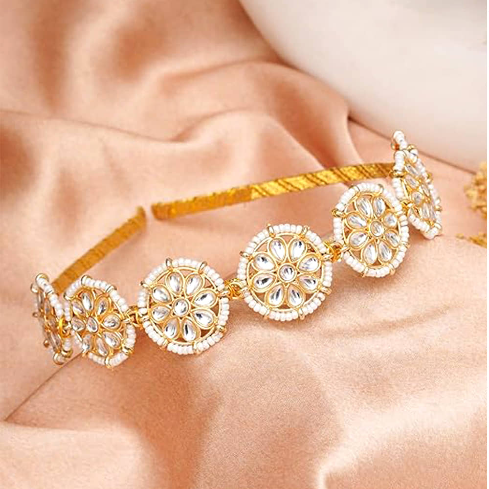 J D Jewellers Floral Kundan Studded Matha Patti Sheesh Wedding Hairband Golden Celebrity Headband - Jewellery Sets | Buy online on ZillyBuy