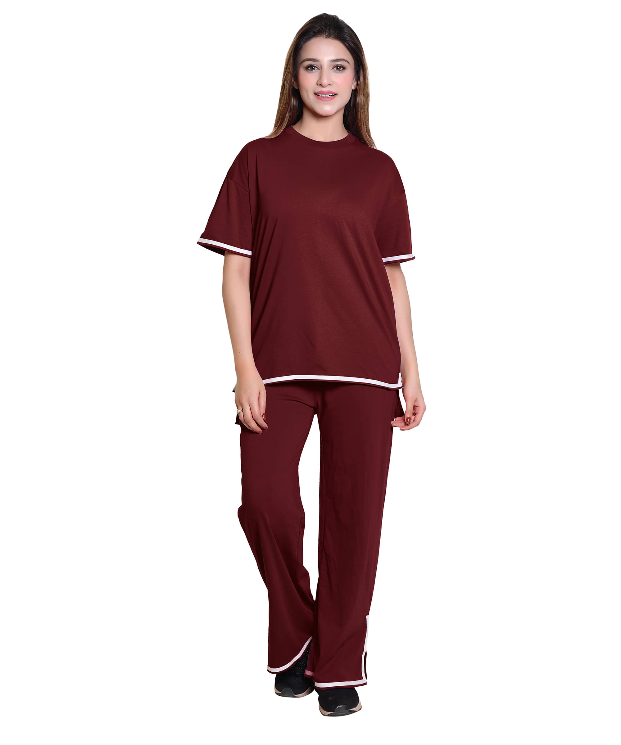     			Kepa Women Solid T-Shirt With Trousers Co-Ord Set ( Maroon )
