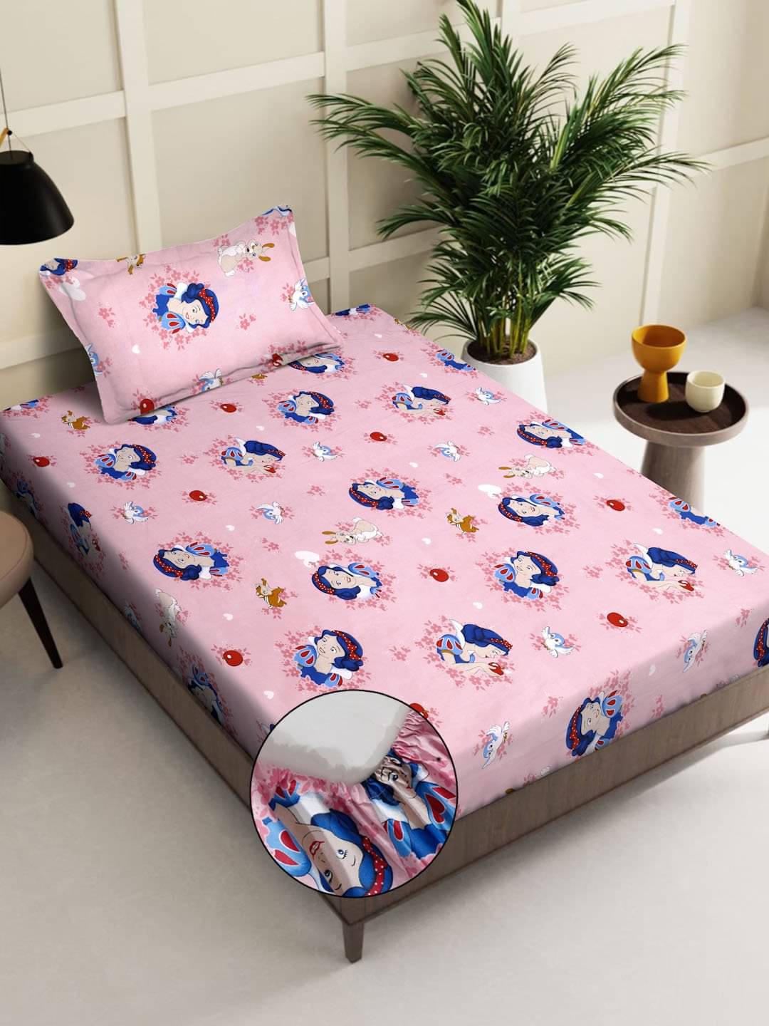     			Klotthe Cotton Graphic Fitted 1 Bedsheet with 1 Pillow Cover ( Single Bed ) - Pink