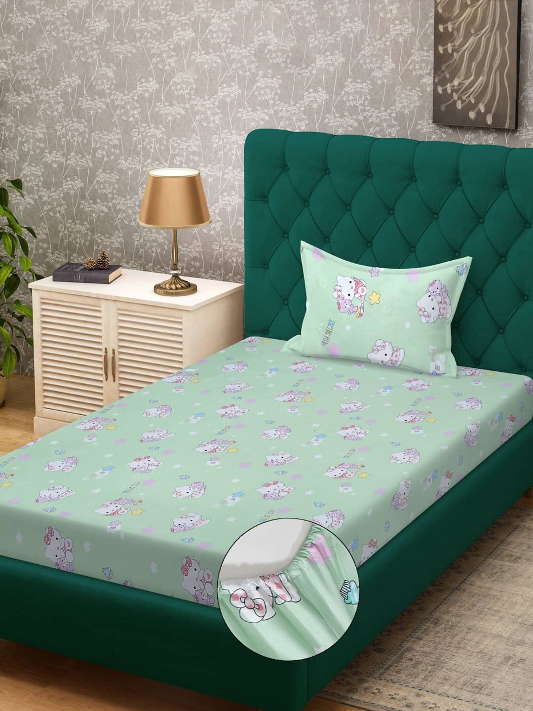     			Klotthe Cotton Humor & Comic Fitted 1 Bedsheet with 1 Pillow Cover ( Single Bed ) - Green