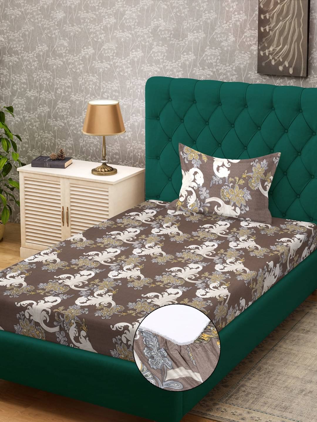 Klotthe Poly Cotton Floral Fitted Fitted bedsheet with 1 Pillow cover ( Single Bed ) - Brown Klotthe Poly Cotton Floral Fitted Fitted bedsheet with 1 Pillow cover ( Single Bed ) - Brown