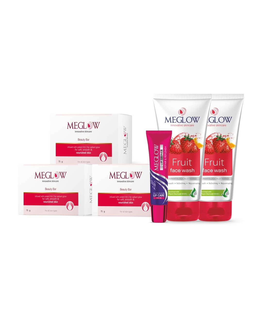    			Meglow Skincare Combo Fruit Facewash 2 X 70g + Beauty Cream Soap 3 X 75g + Lip Shiner 15g