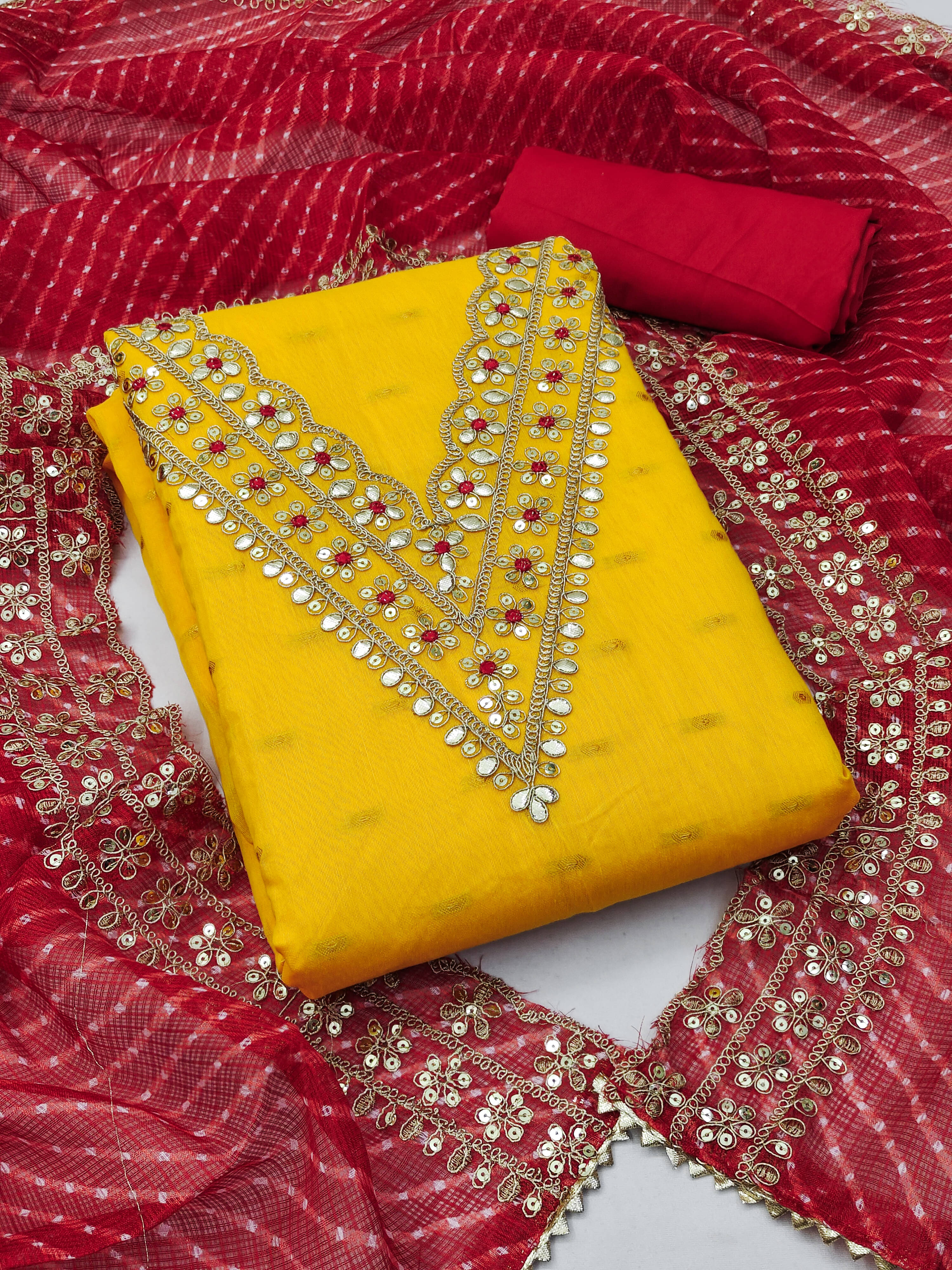 Nayanthara Trends Unstitched Chanderi Embellished Dress Material - Yellow ( Pack of 1 ) Nayanthara Trends Unstitched Chanderi Embellished Dress Material - Yellow ( Pack of 1 )