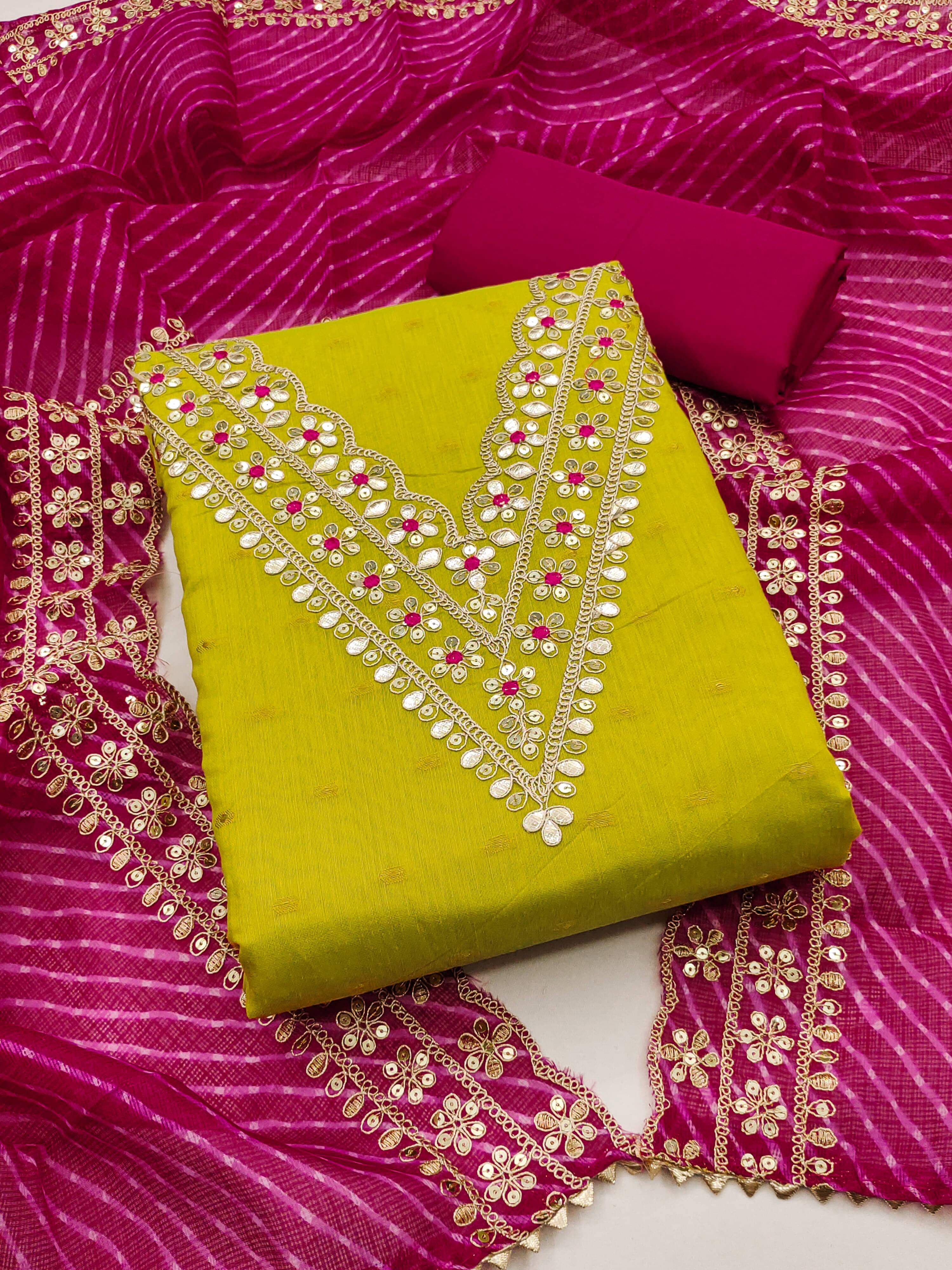 Nayanthara Trends Unstitched Chanderi Embellished Dress Material - Green ( Pack of 1 ) Nayanthara Trends Unstitched Chanderi Embellished Dress Material - Green ( Pack of 1 )
