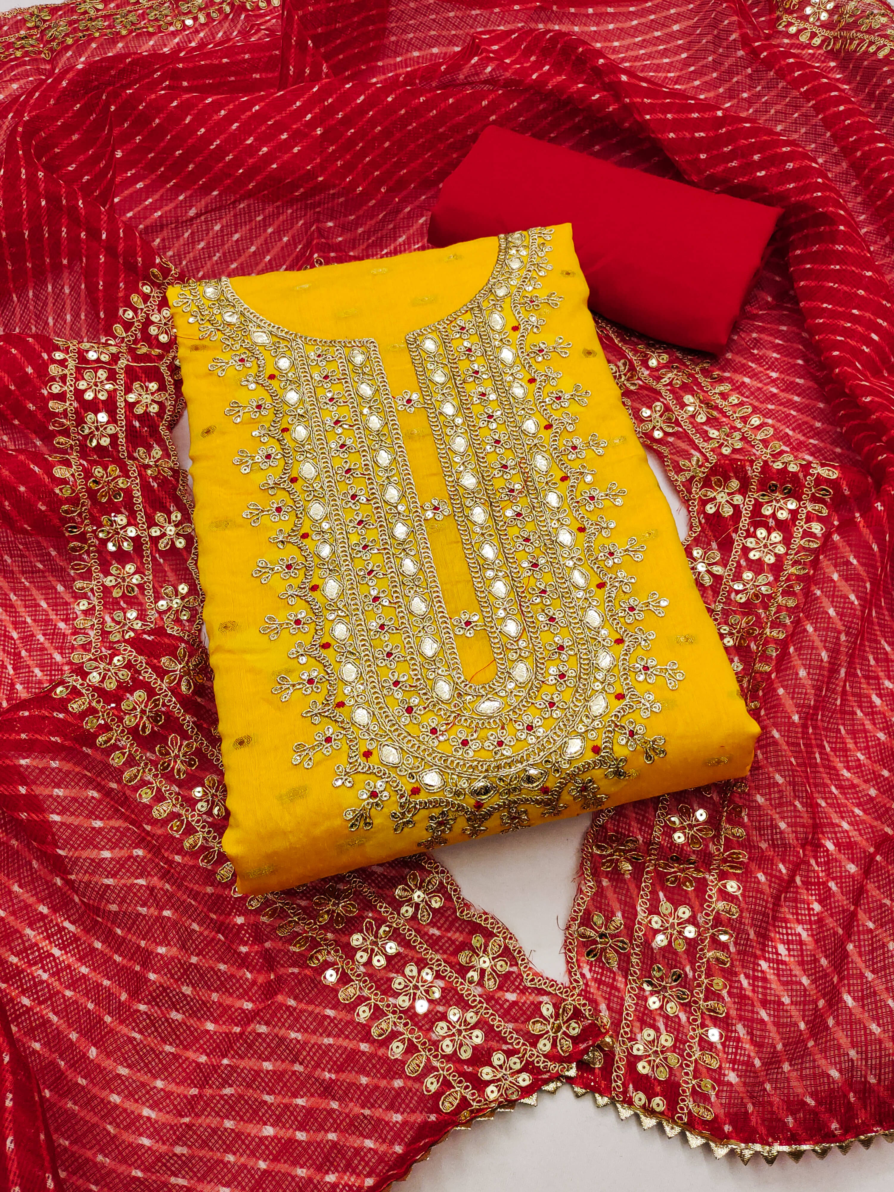     			Nayanthara Trends Unstitched Chanderi Embroidered Dress Material - Yellow ( Pack of 1 )