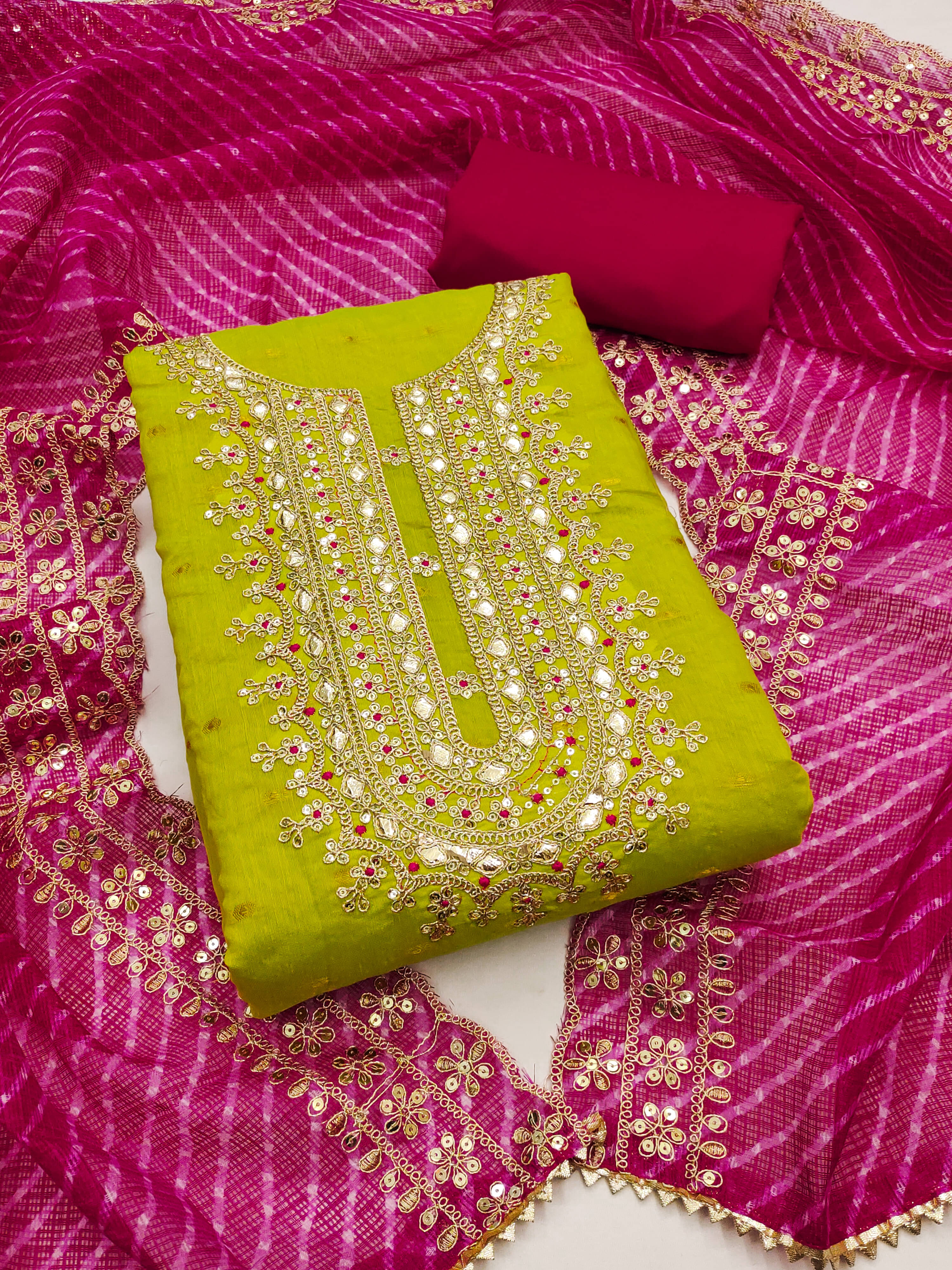 Nayanthara Trends Unstitched Chanderi Embroidered Dress Material - Green ( Pack of 1 )     			Nayanthara Trends Unstitched Chanderi Embroidered Dress Material - Green ( Pack of 1 )