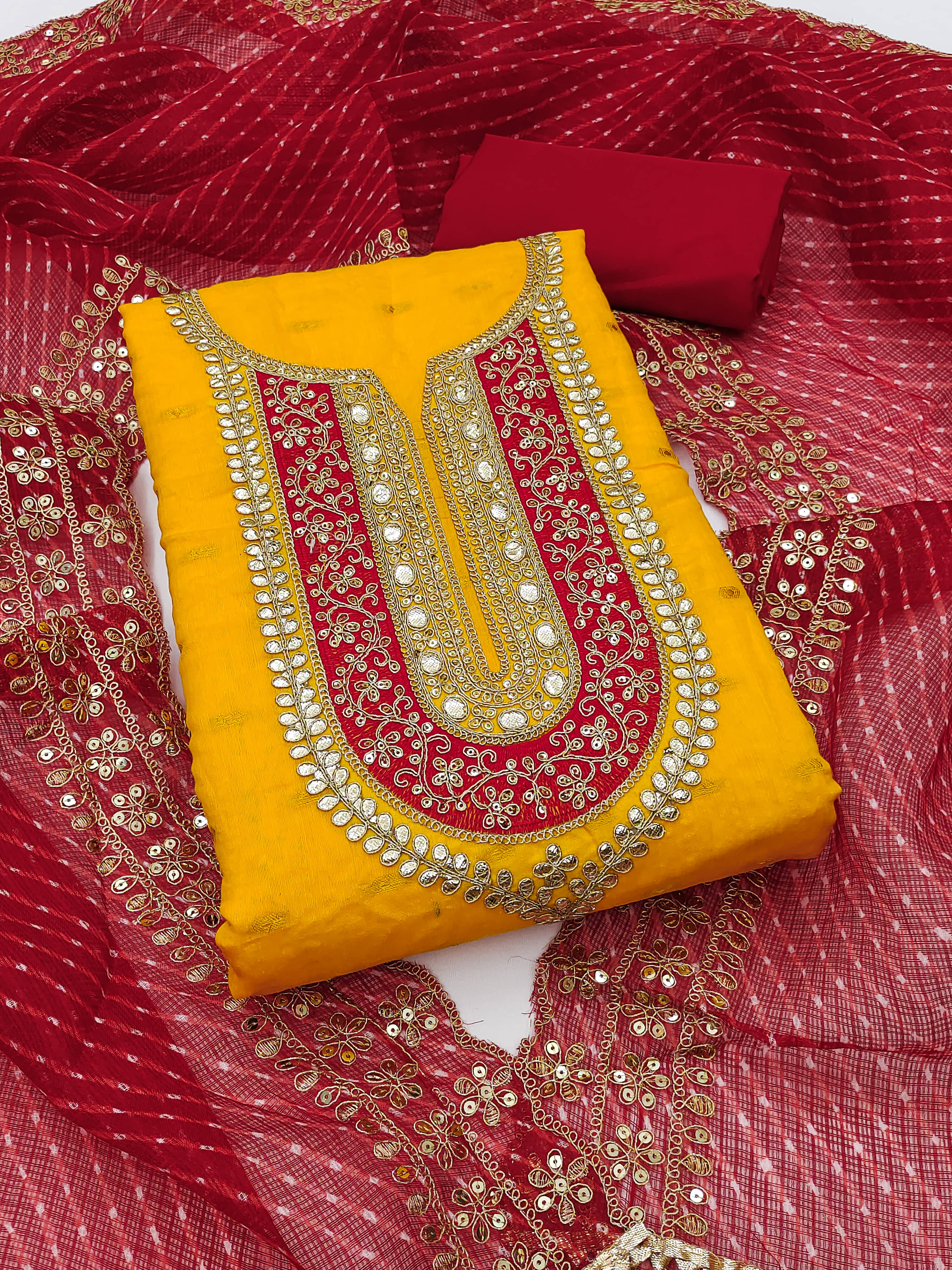     			Nayanthara Trends Unstitched Chanderi Embroidered Dress Material - Mustard ( Pack of 1 )