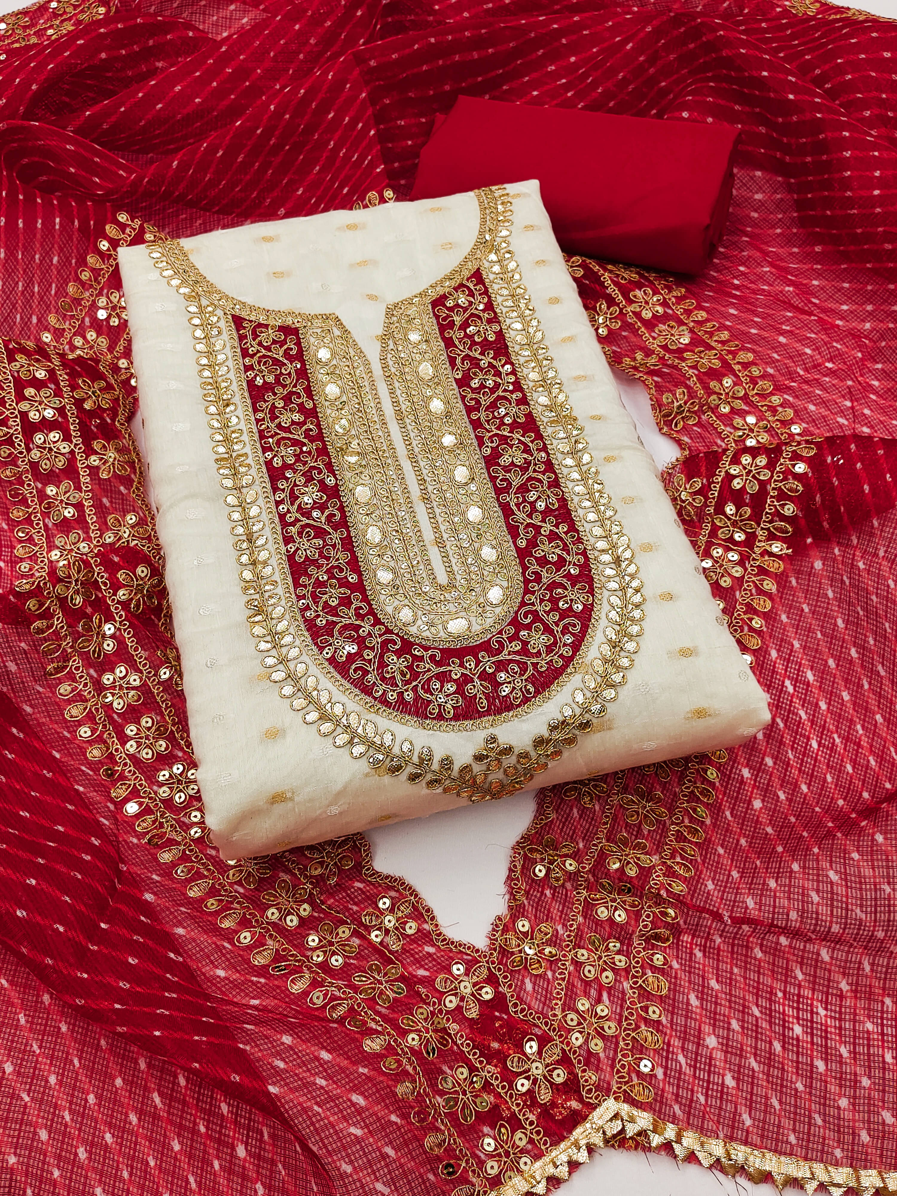     			Nayanthara Trends Unstitched Chanderi Embroidered Dress Material - Red ( Pack of 1 )