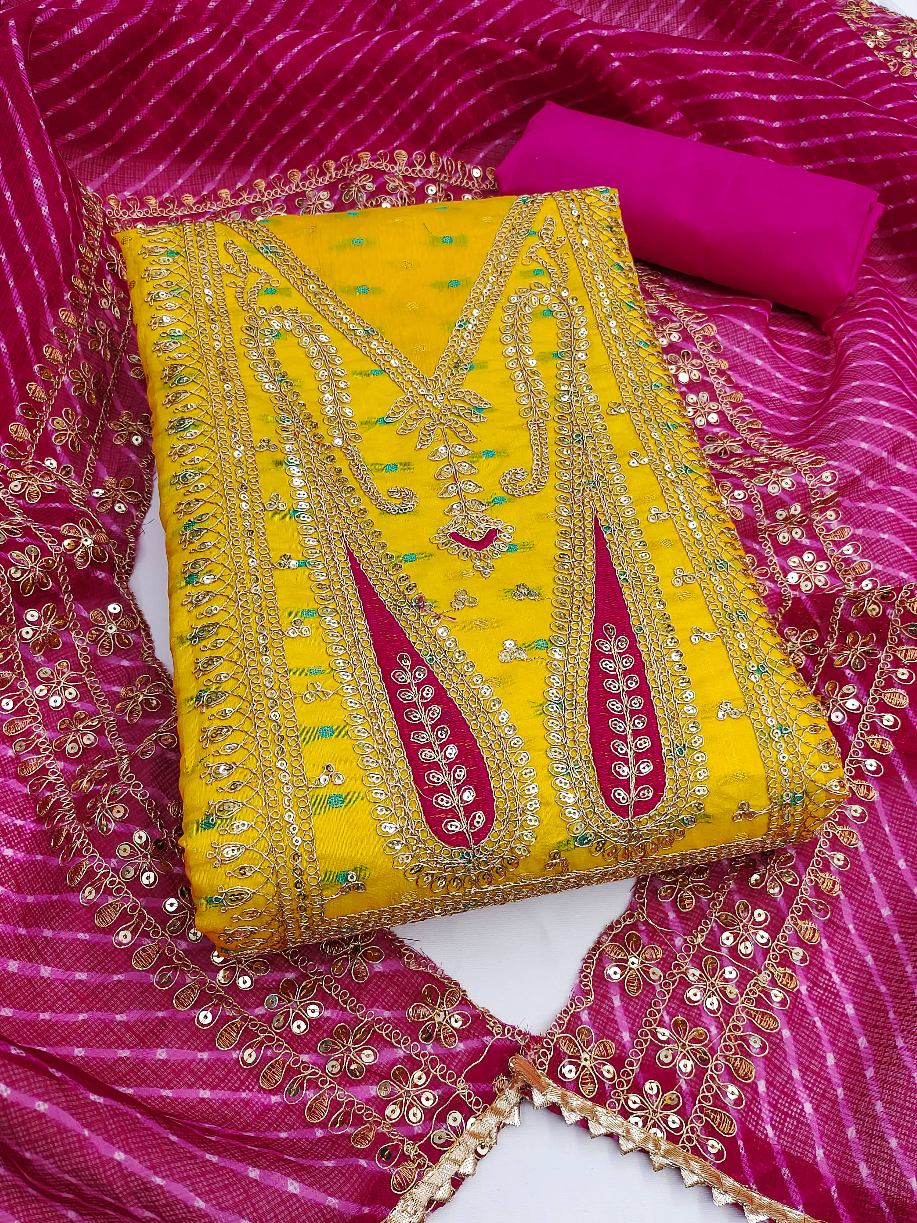     			Nayanthara Trends Unstitched Chanderi Embroidered Dress Material - Yellow ( Pack of 1 )